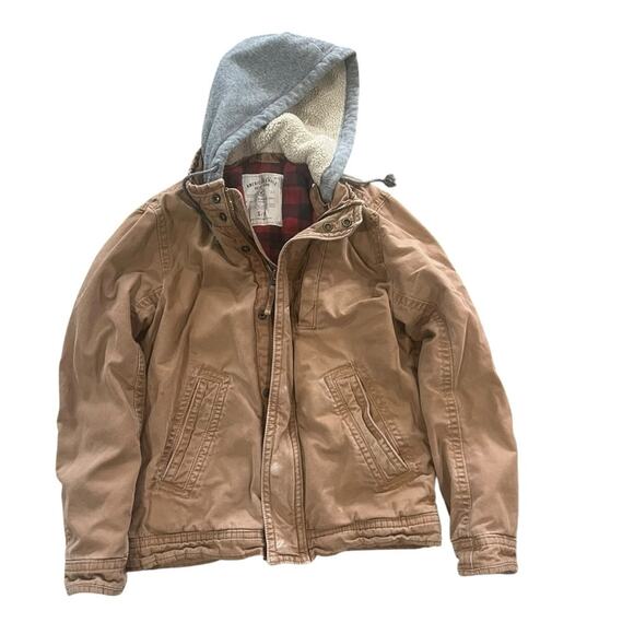 American Eagle Jacket Men Small Brown Button Full Zip Hoodie Plaid Lining Rugged